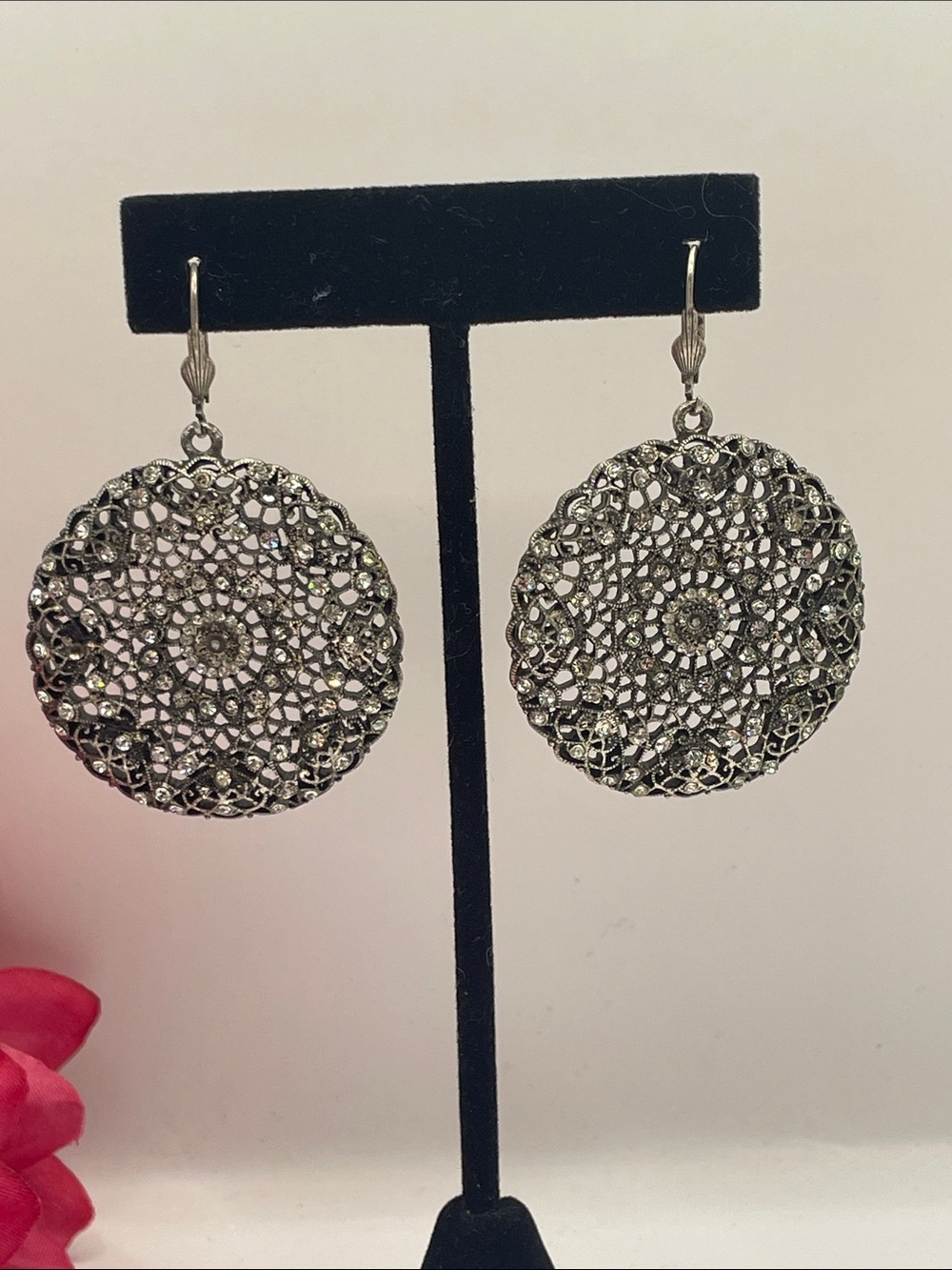 Silver Filigree Crystal Disc Drop Earrings - Women Jewelry